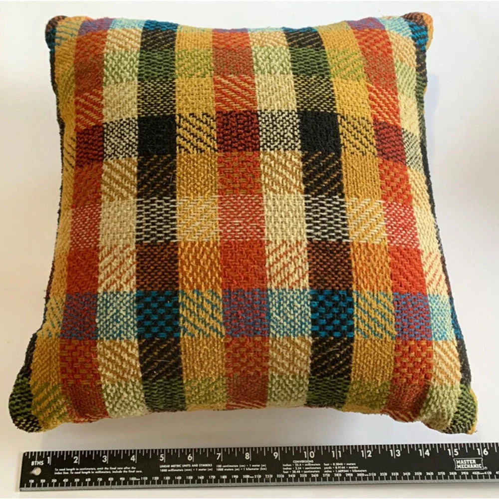 2 Vtg Retro Orange multi Plaid Throw Pillows 60s 70s Funky Mod boho rustic cabin